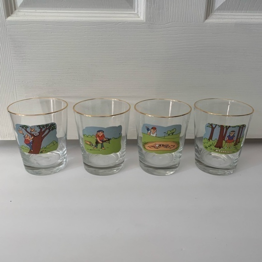 Golf glasses cartoon caricature cocktail drinking glasses set of four